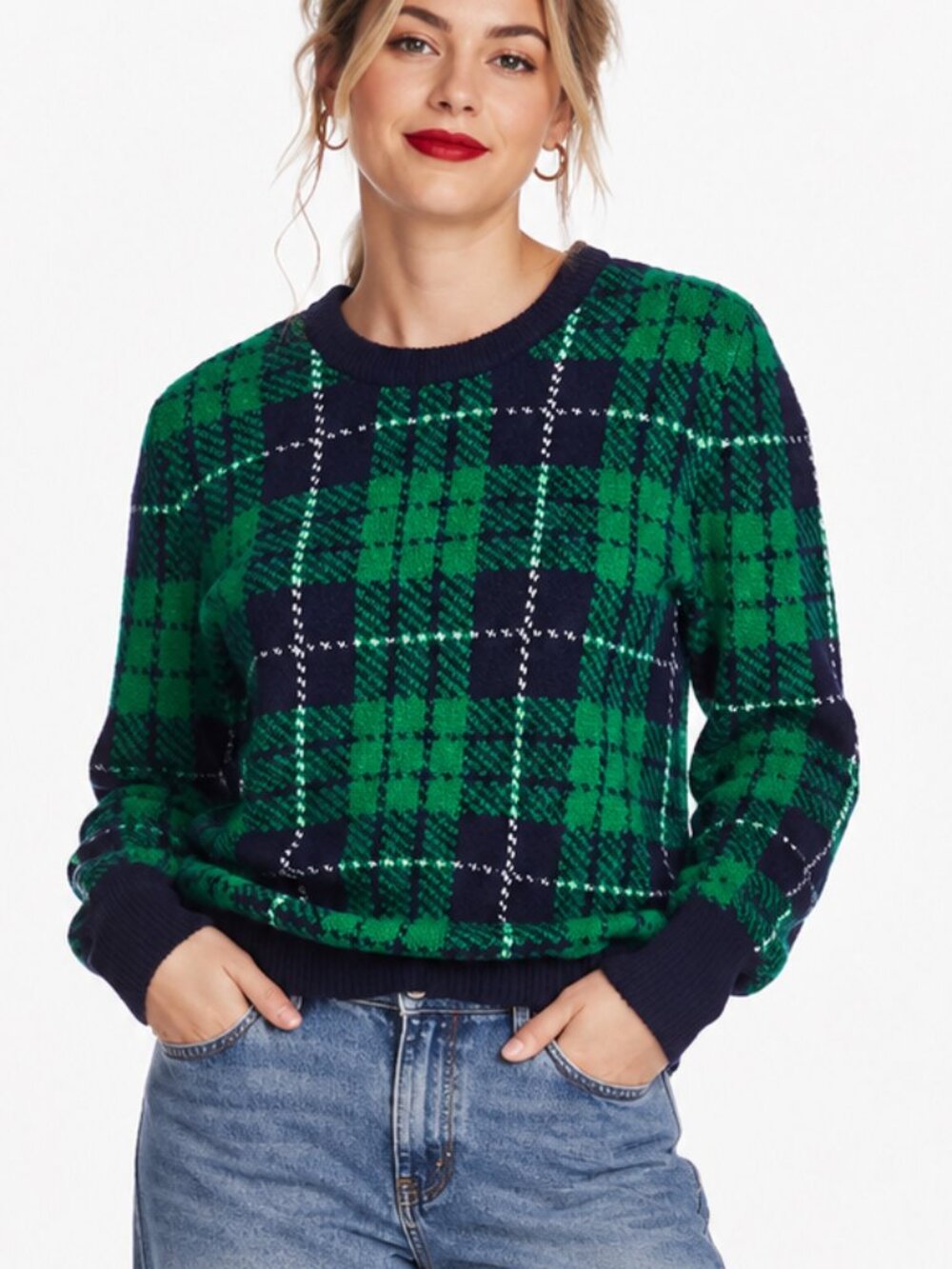 Court & Rowe Cozy Boucle Plaid Merino Wool Alpaca Blend Sweater